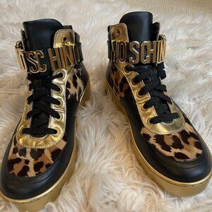 Moschino Black and Gold Genuine Calf Hair Leather Leopard Print Sneakers